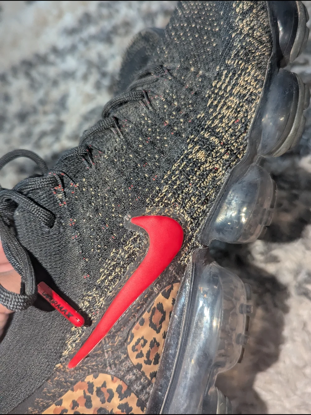 Nike Air VaporMax Flyknit Sneakers - Black with Red & Leopard Accent
